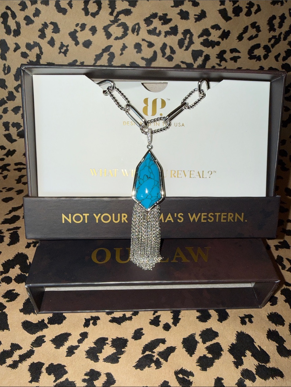 BP Soft Spoken, Sharp Edges Silver-Tone Turquoise Pendant Necklace with Tassel